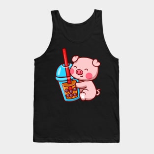 Cute Pig With Bubble Milk Tea Cartoon Tank Top